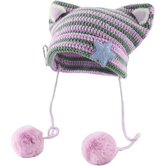 Cat Ear Beanie Hat with Pom Poms